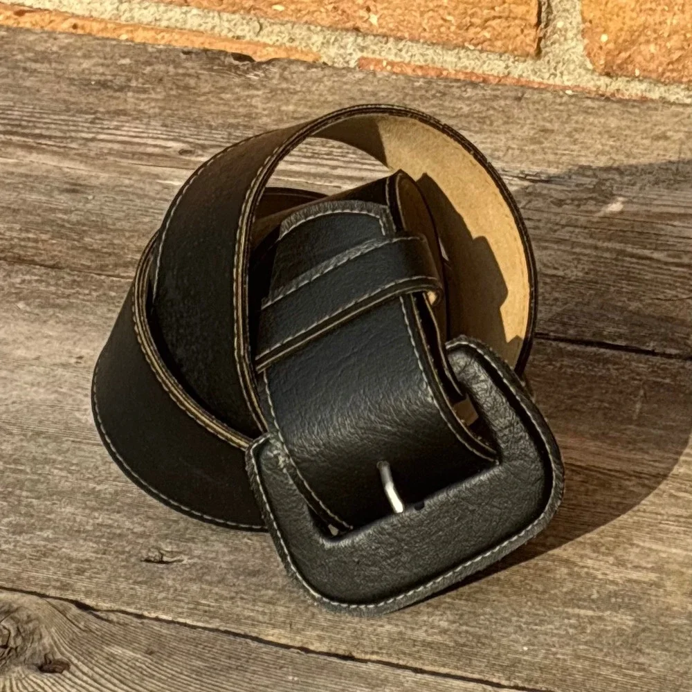 Vintage Wide Black Leather Waist Belt Covered Square Buckle Contrast Stitching